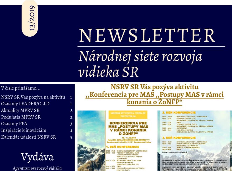 NEWSLETTER Národnej siete rozvoja vidieka SR | 13/2019